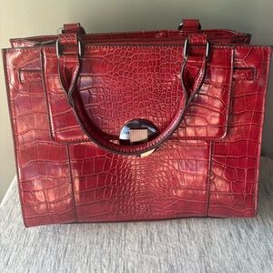 Cleo brand Elegant Red Crocodile-Embossed Handbag, top zip. Carry handle
